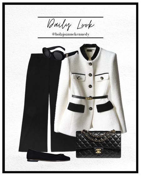 Monochrome outfit idea, black and white blazer, contrast blazer, spring blazer, spring jacket, lightweight jacket, old money jacket, old money style blazer, black tailored trousers, marks and Spencer trousers, black ballet flats, black ballet pumps 

#LTKeurope #LTKworkwear #LTKfindsunder50