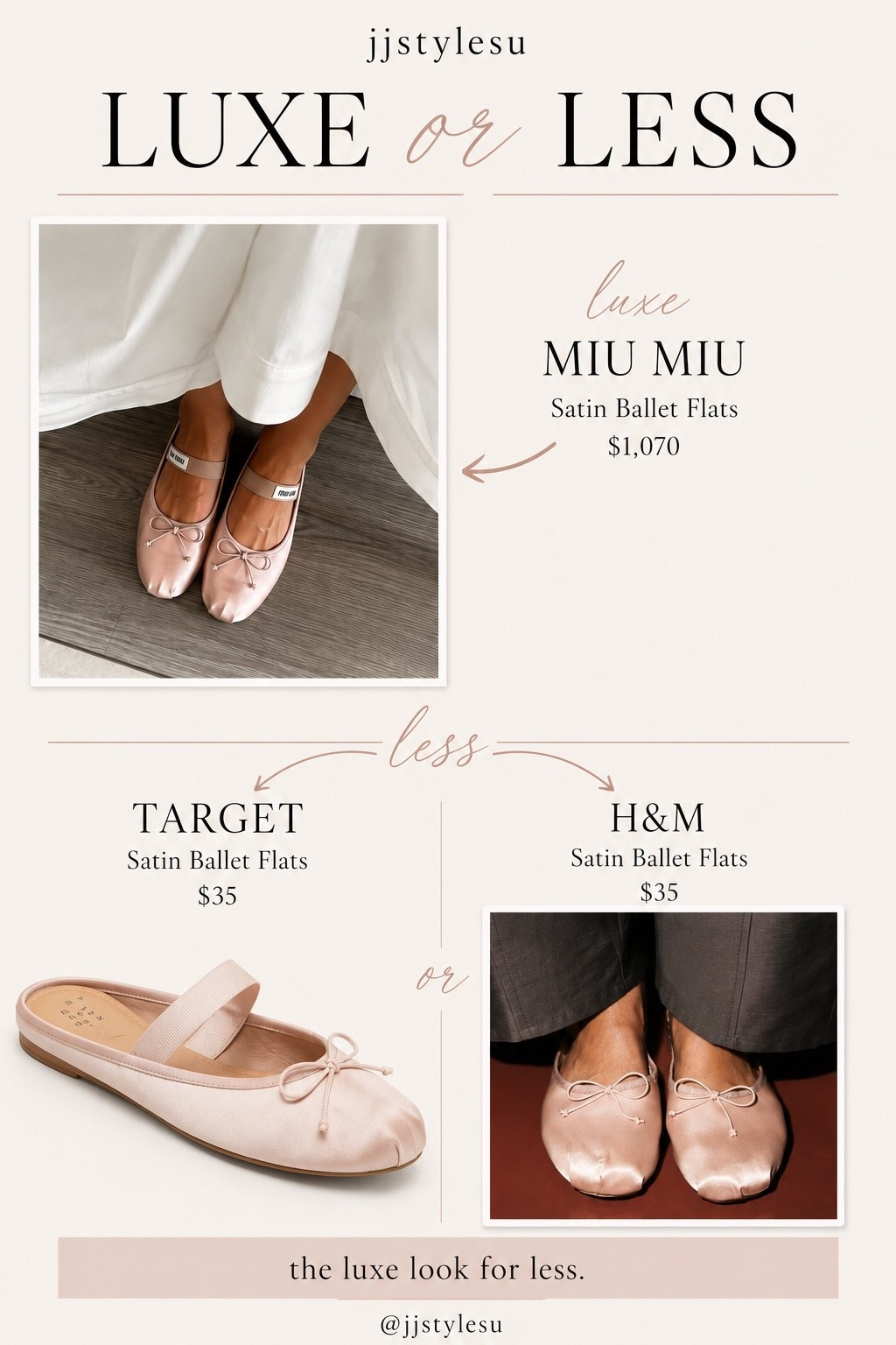 Luxe or Less? 🎀
Miu Miu made satin ballet flats one of the season’s most coveted shoes—but you don’t have to spend over $1,000 to get the look. Target and H&M both have beautiful alternatives that capture the same soft, feminine aesthetic for just $35.

Which pair would you choose: Luxe or Less🩷

#LTKStyle #LuxeOrLess #BalletFlats #QuietLuxury #StyleEditor #AffordableFashion #FallStyle #LTKFashion #WomenOver40 #TargetStyle #HMStyle