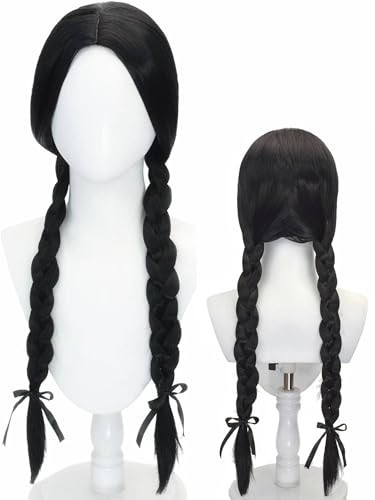 Long Black Braided Costume Wig Black Pigtails Wig 27.5'' Synthetic Hair + Net Cap for Women Halloween Daily | Amazon (US)