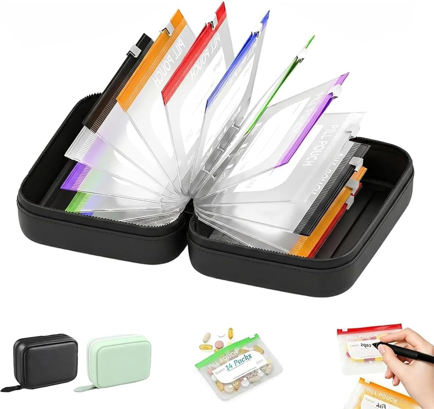 Waterproof Pill Pouch Set | 14 Inner Bags, A8 Pill Organizer for 7-14 Day Storage, Portable Travel Pill Case for Vitamins, Supplements and Personal Items (Black) | Amazon (US)