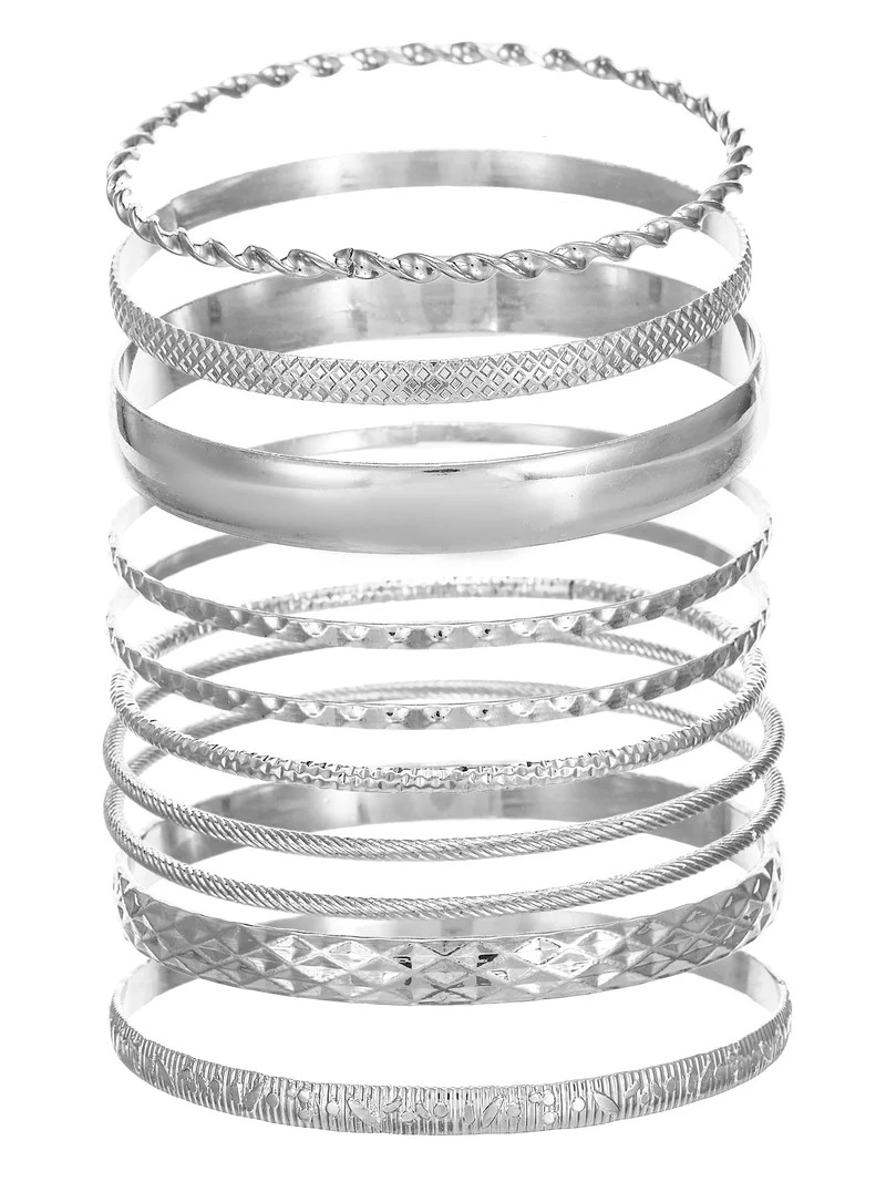 Time and Tru Women's Silver Tone Bangle Bracelet Set, 10-Piece | Walmart (US)
