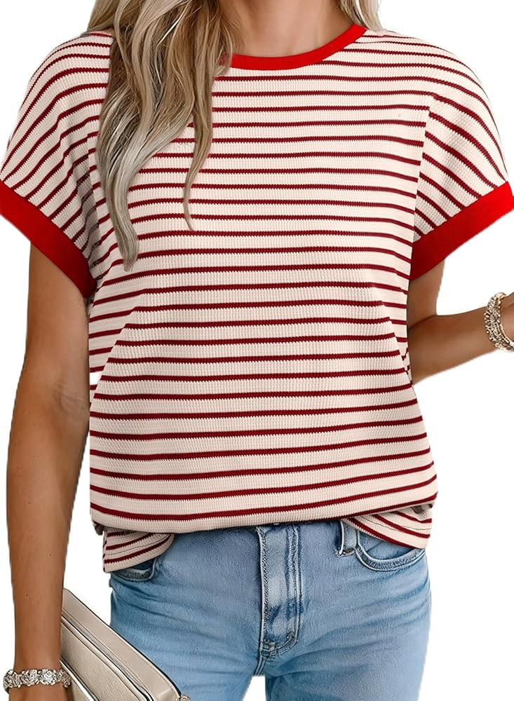 Acelitt Women\u2019s Short Sleeve Knit Tops 2026 Trendy Crewneck Striped T Shirts Casual Summer B... | Amazon (US)