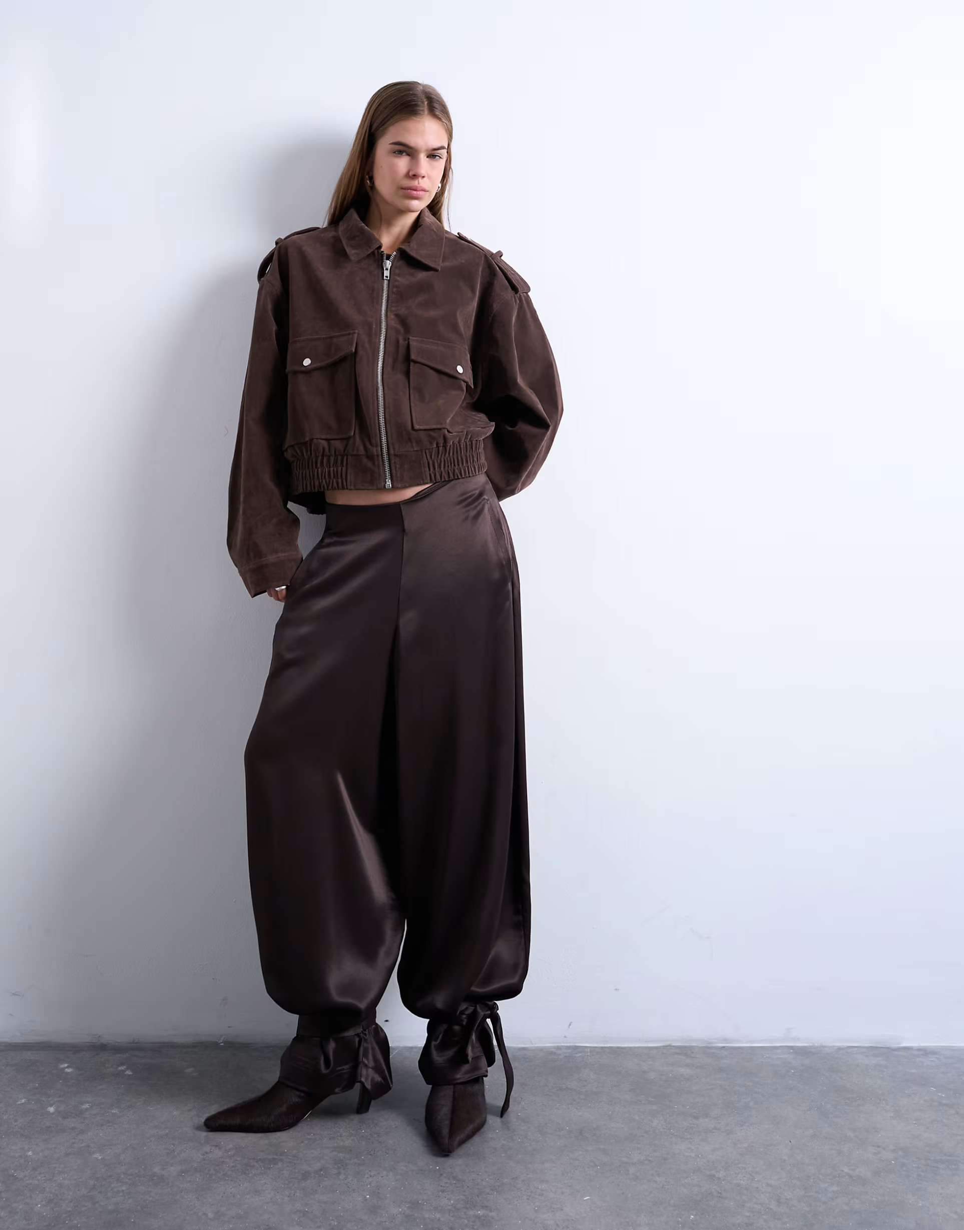 Topshop high waisted satin cuffed balloon pant in brown | ASOS (Global)