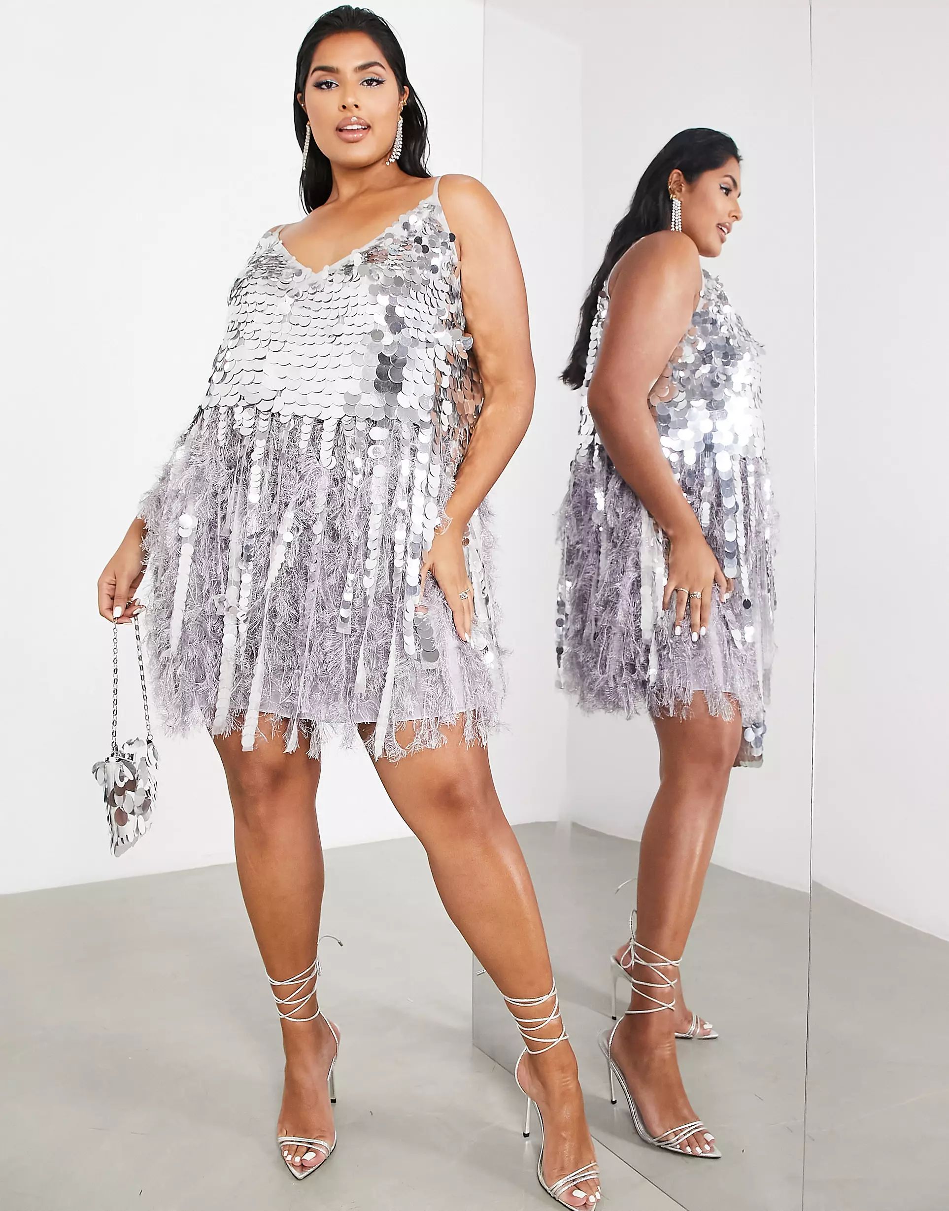 ASOS EDITION Curve paillette sequin mini dress with feather hem in silver and lilac | ASOS (Global)