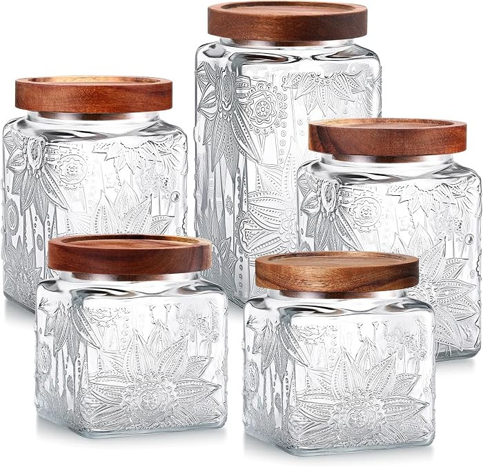 5 Pcs Sunflower Vintage Glass Jars with Bamboo Airtight Lid 17/24/34 oz Glass Food Containers Sto... | Amazon (US)