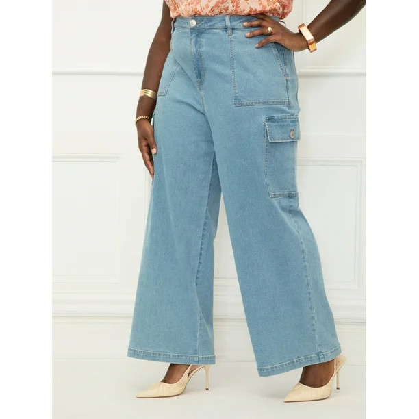 ELOQUII Elements Women's Plus Size Wide Leg Cargo Jeans | Walmart (US)