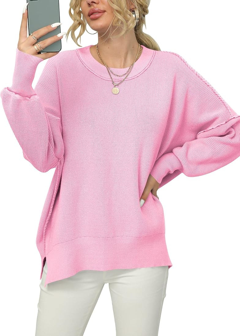 Women's Oversized Batwing Long Sleeve Crewneck Side Slit Ribbed Knit Pullover Sweater Tops | Amazon (US)