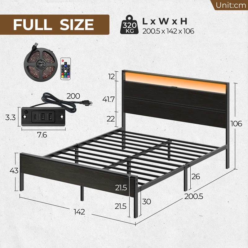 Deviana Metal Bed Frame with Headboard & Footboard and Charging Station, LED Light Included | Wayfair North America