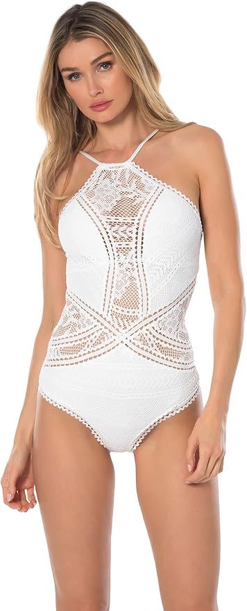 Becca by Rebecca Virtue Womens Prairie Rose High-Neck Crochet One-Piece Swimsuit White Size XL | Amazon (US)