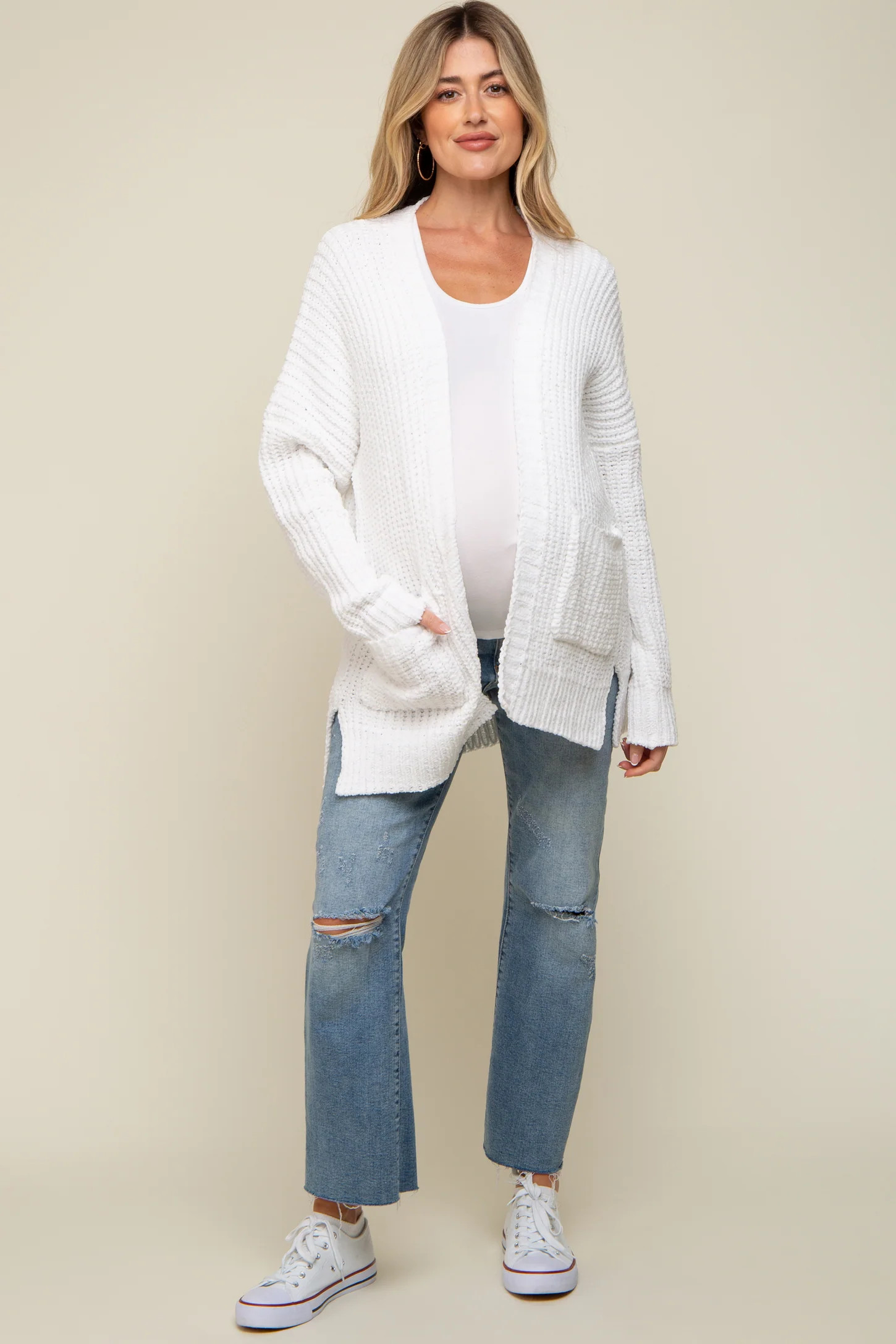 White Brushed Chenille Knit Maternity Cardigan | PinkBlush Maternity