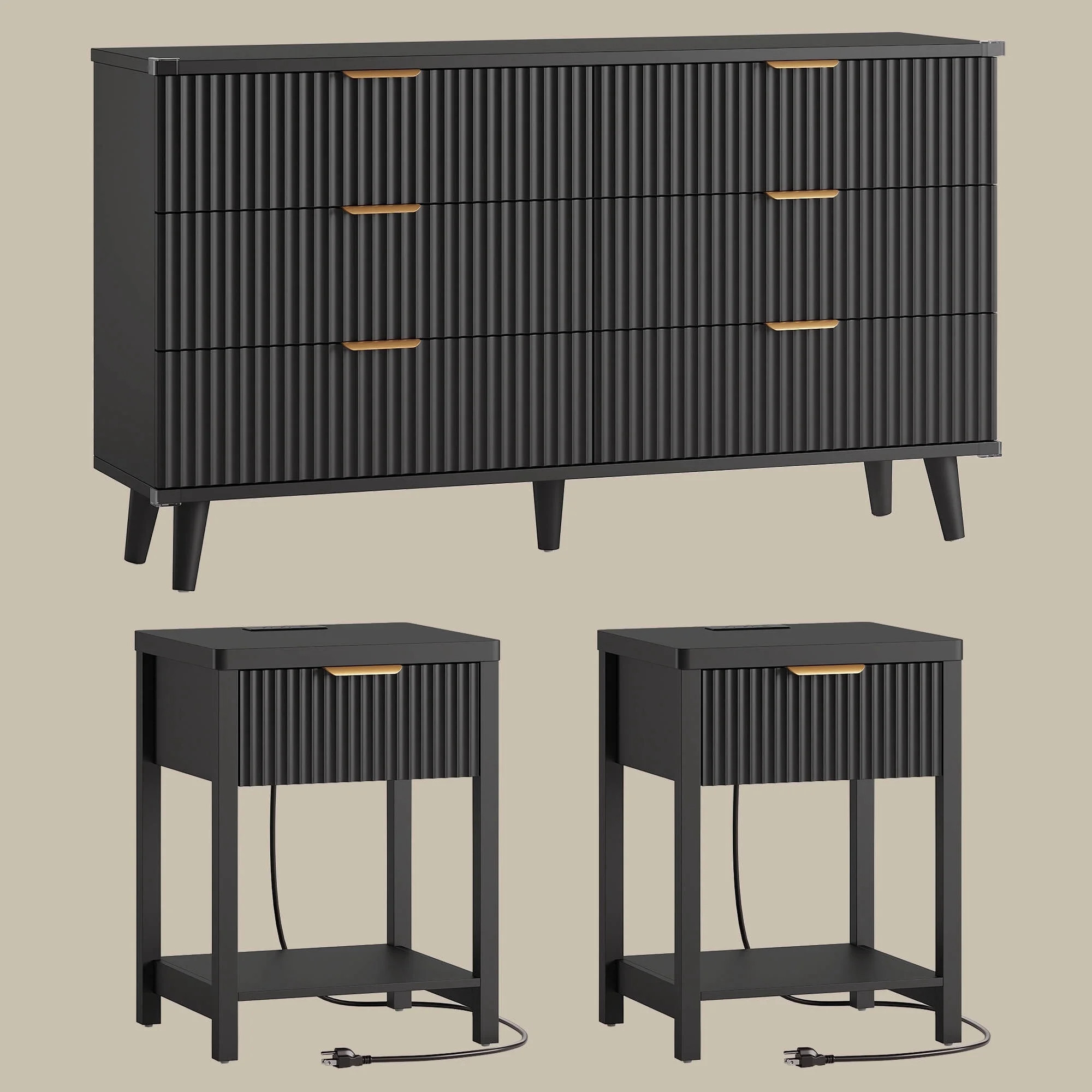 Laintene 3-Piece Boho Bedroom Set - 6-Drawer Dresser & 2 Nightstands with Drawer & USB Charging, Fluted Wooden Storage, Modern Dresser & Nightstand Combo, Black - Walmart.com | Walmart (US)