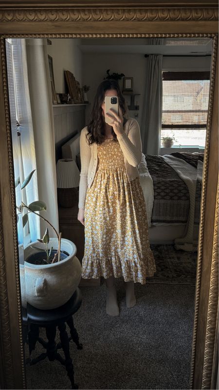 Yellow floral dress, cream cardigan, scalloped ruffle socks 