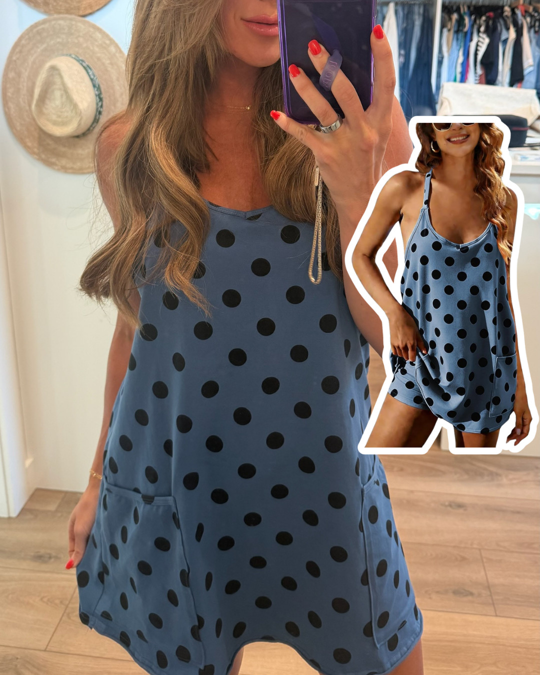My favorite summer workout outfit! This polka dot dress with built-in shorts is perfect for a casual run. summer workout outfit, polka dot dress, athletic dress, built-in shorts, sleeveless dress, workout dress, running outfit, casual summer dress, 

 #LTKootd #LTKOver40