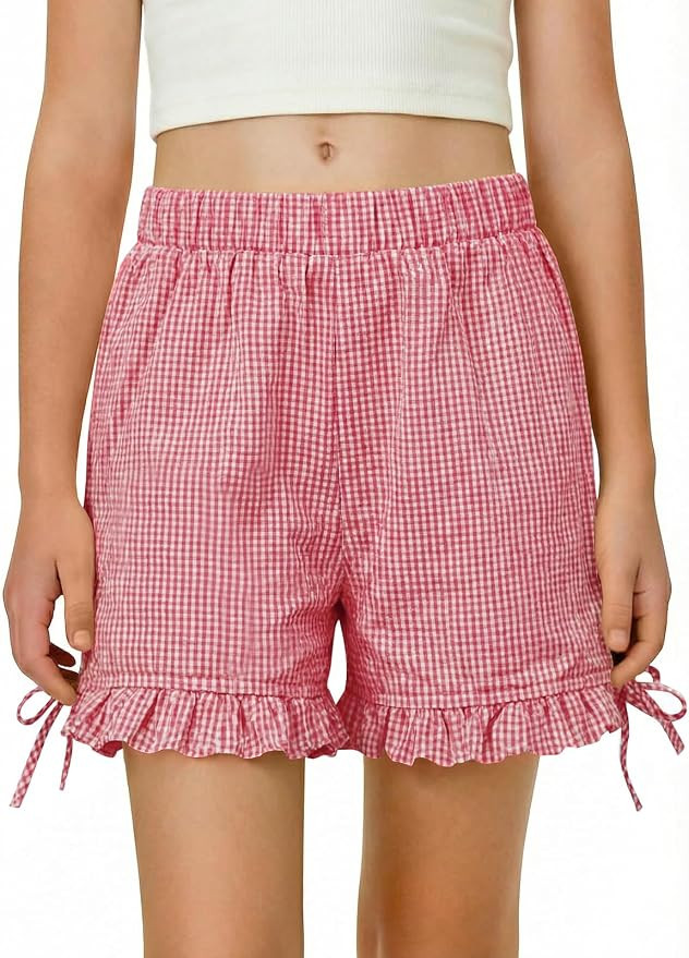 Haloumoning Girls Plaid Shorts Kids Gingham Ruffle Hem Elastic Waist Wide Leg Cotton Shorts with ... | Amazon (US)