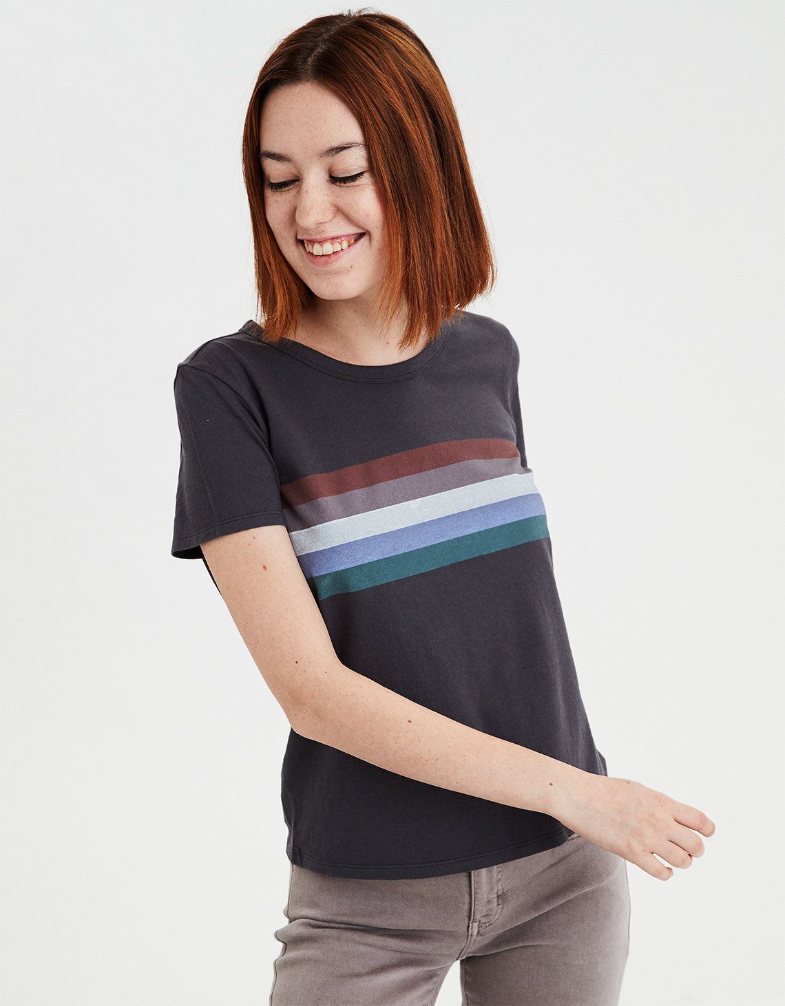 AE Striped Crew Neck Favorite T-Shirt, Washed Black | American Eagle Outfitters (US & CA)