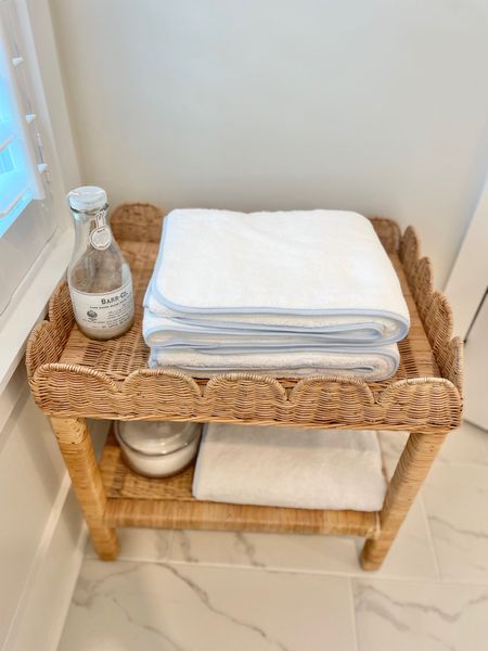 Scallop side table wicker side table coastal bathroom Weezie luxury towels blue and white bathroom Birthday sale luxury bath 

#LTKsalealert #LTKstyletip #LTKhome