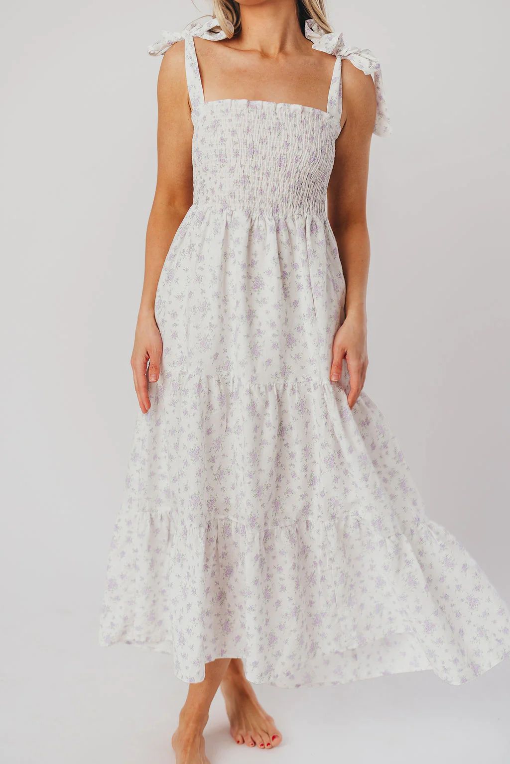 Arizona Tie Maxi Dress with Smocking in White Lilac | Worth Collective
