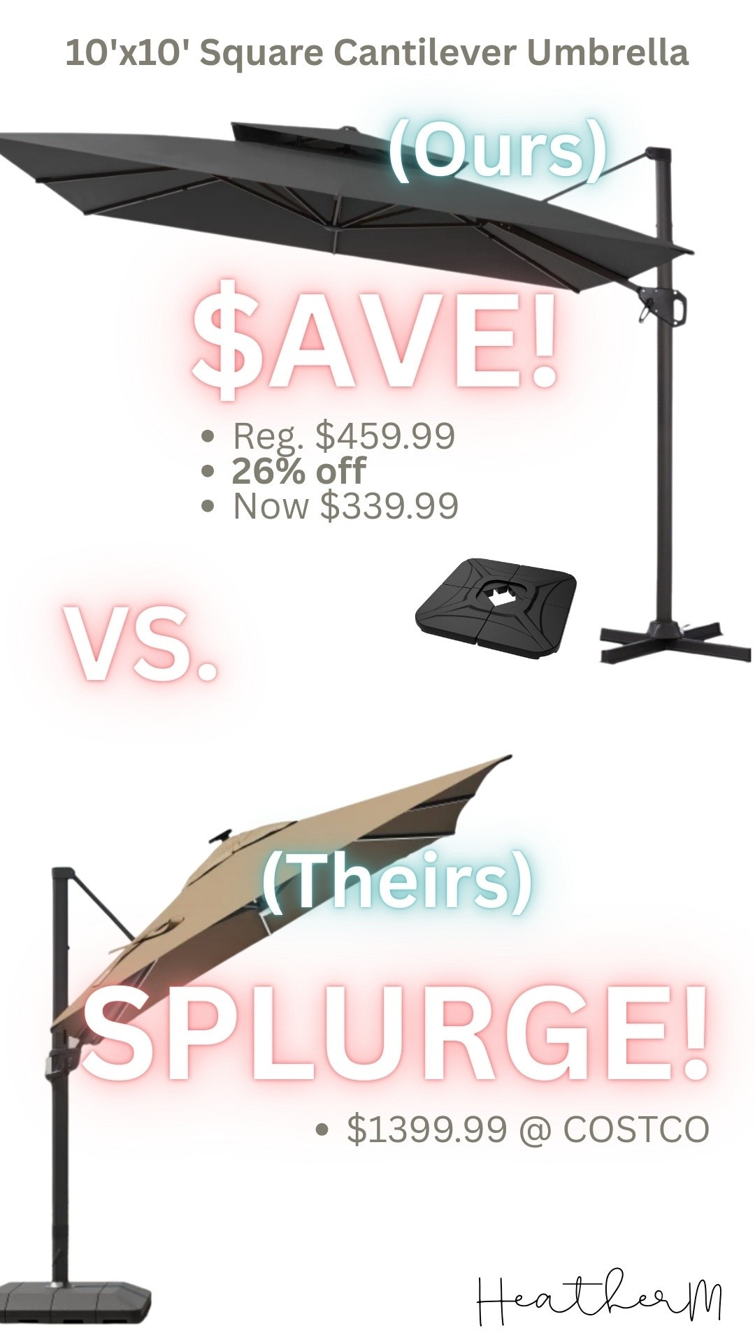 Same look. Same size. Totally different price tag 👏 This 10’x10’ cantilever umbrella is the BEST backyard upgrade—currently $339.99 (reg $459.99) vs $1399.99 at Costco. Linked in LTK so you can snag the deal too! #LTKfinds

#LTKSeasonal #LTKSwim #LTKHome