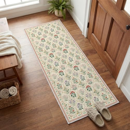 Artoid Mode Beige Diamond Check Flower Spring Runner Rug, Summer Home Decor Low-Profile Non-Slip ... | Amazon (US)