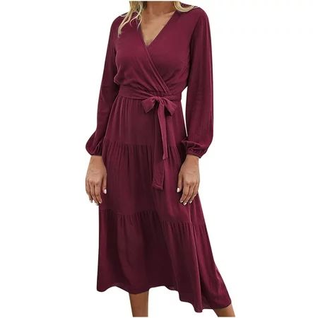 Elegant Wedding Guest Dress Solid Color Wrap V Neck Dresses Long Sleeve Pleated Ruffle Hem Slim Fit  | Walmart (US)