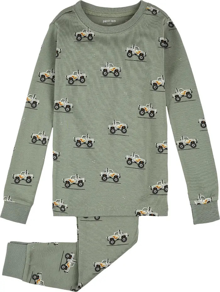 Kids' Monster Truck Print Fitted Two-Piece Organic Cotton Rib Pajamas | Nordstrom