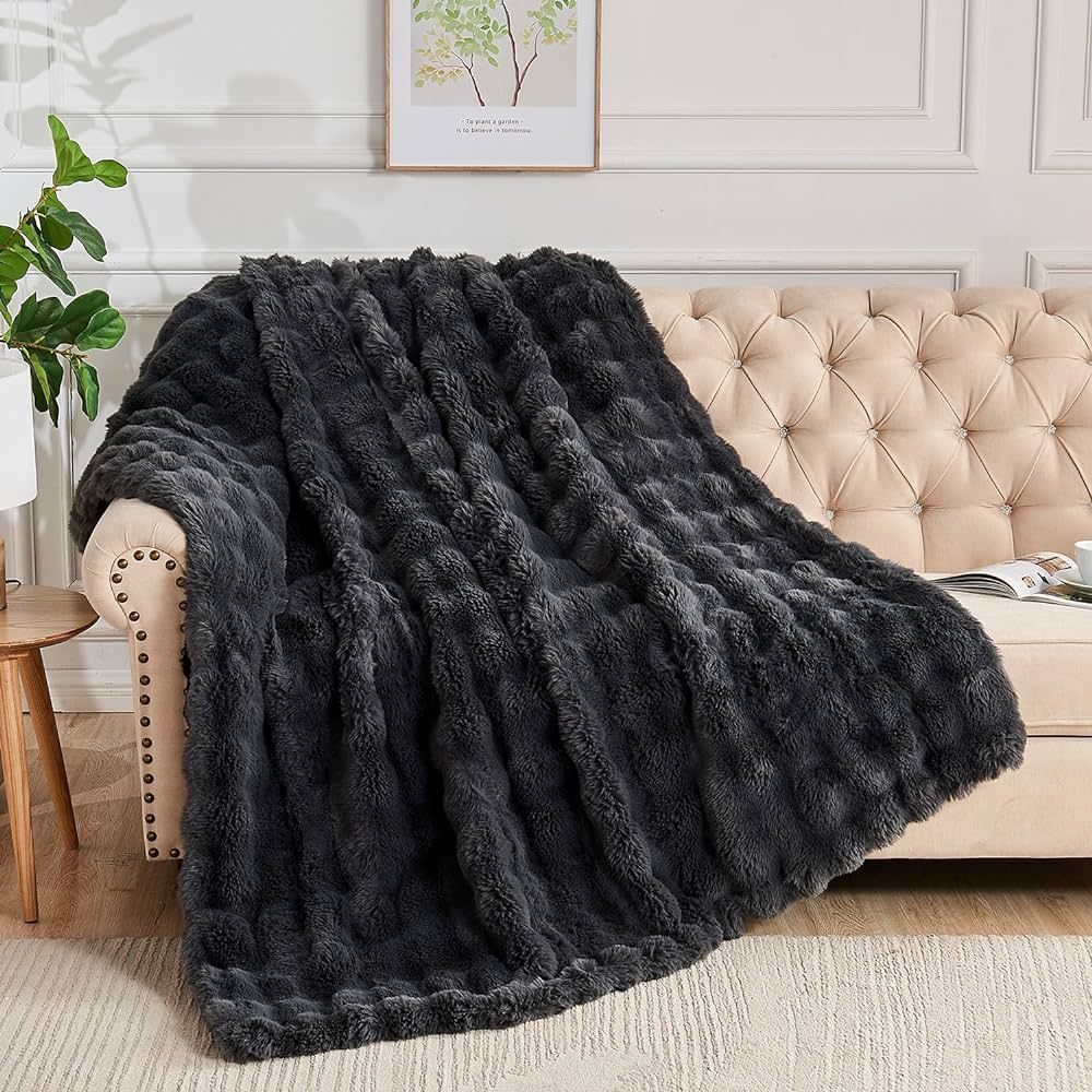 Lotus Karen Faux Fur Throw Blanket Dark Gray- Big Bubble Rabbit Fluff Blanket for Couch Bed Sofa,... | Amazon (US)