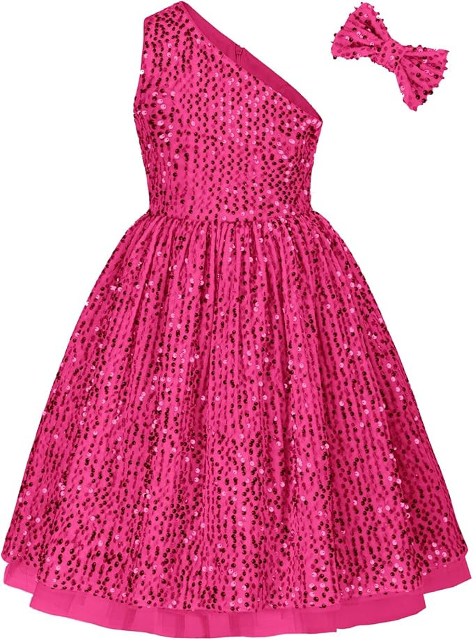 GRACE KARIN Girls Sequin Dress One Shoulder Sparkle Party Dress with Hair Bow | Amazon (US)