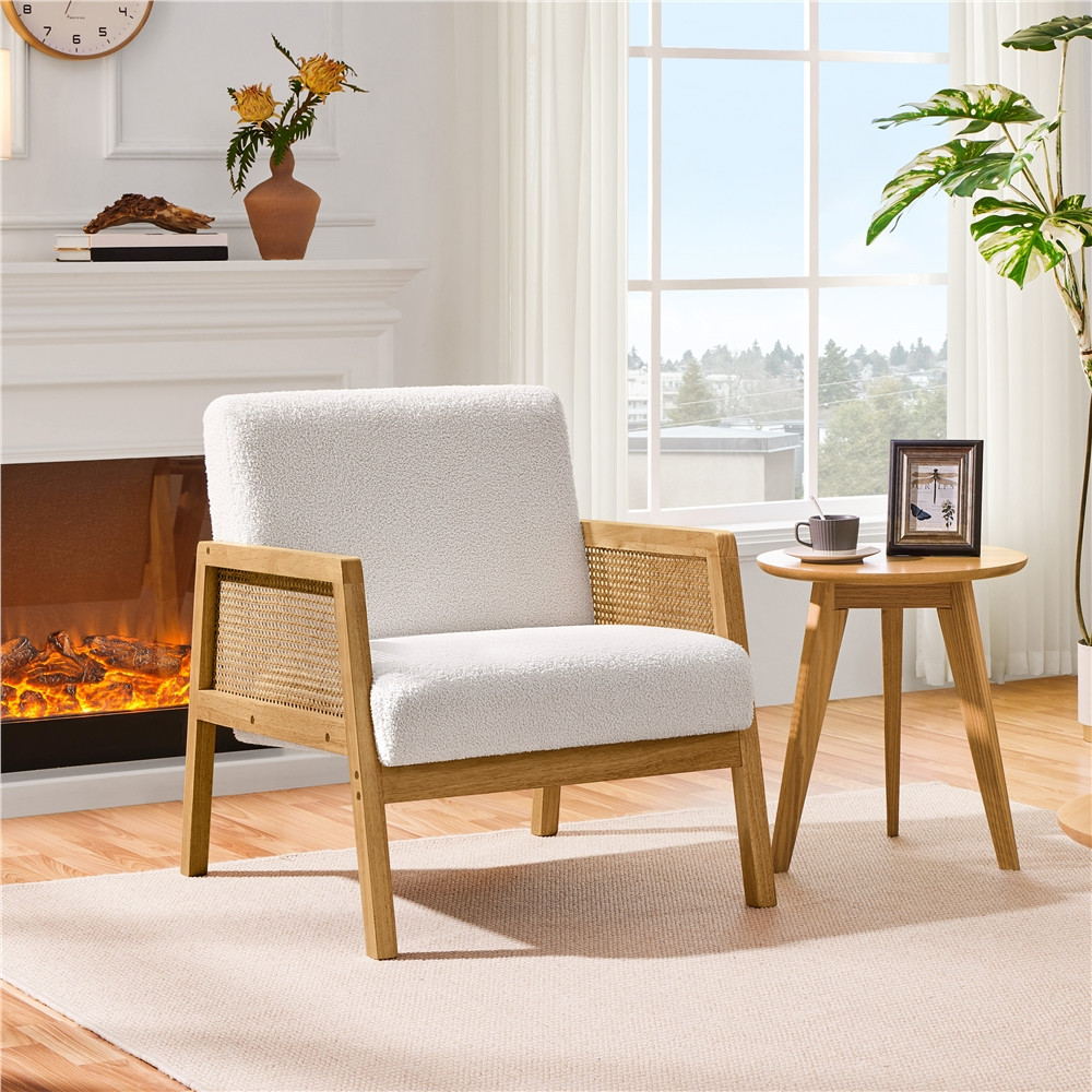 Renwick Fabric Upholstered Accent Chair with Rattan Sides,Ivory | Walmart (US)