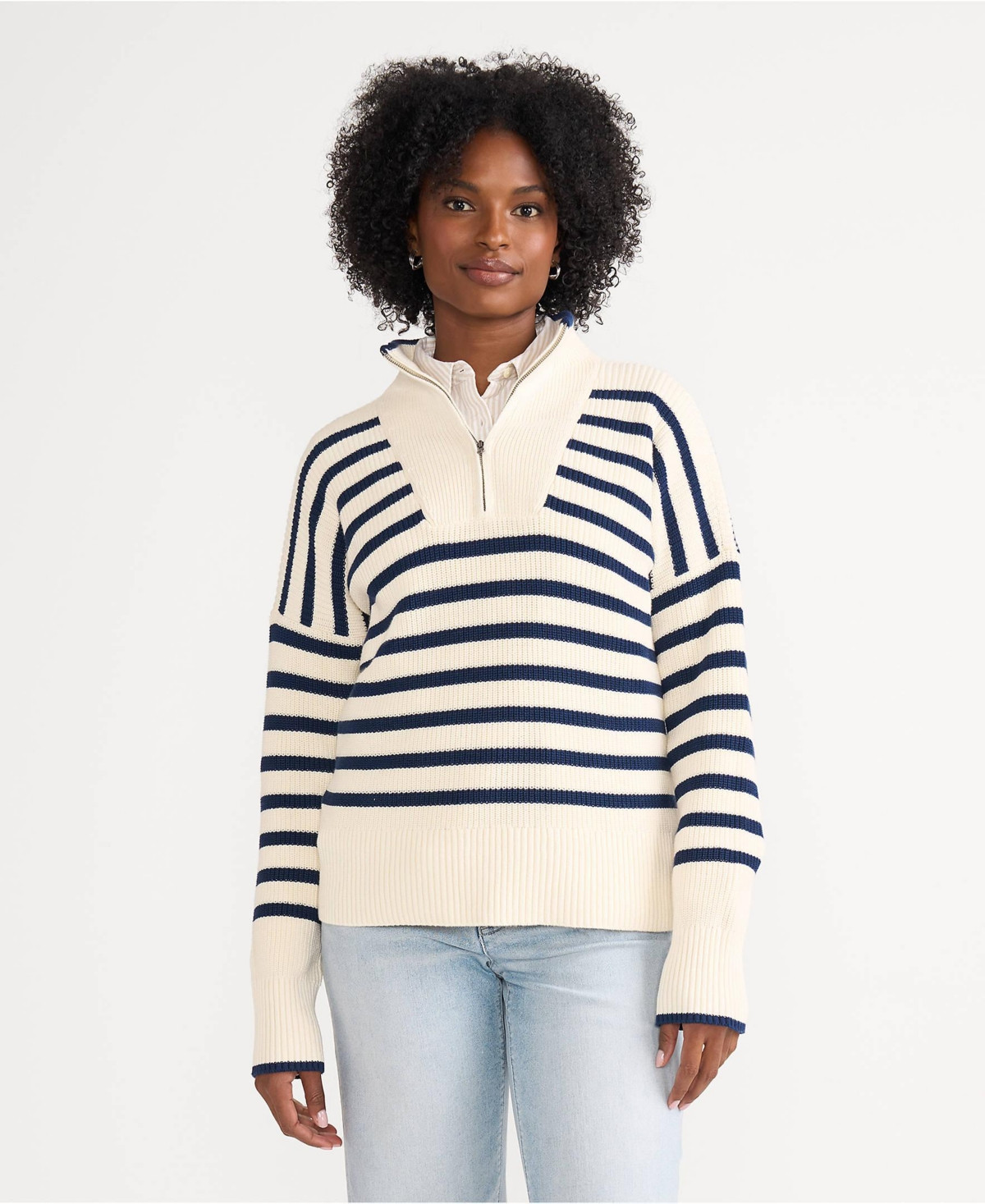 Lands' End Women's Drifter Cotton Quarter Zip Pullover Sweater - Ivory/navy stripe | Macy's