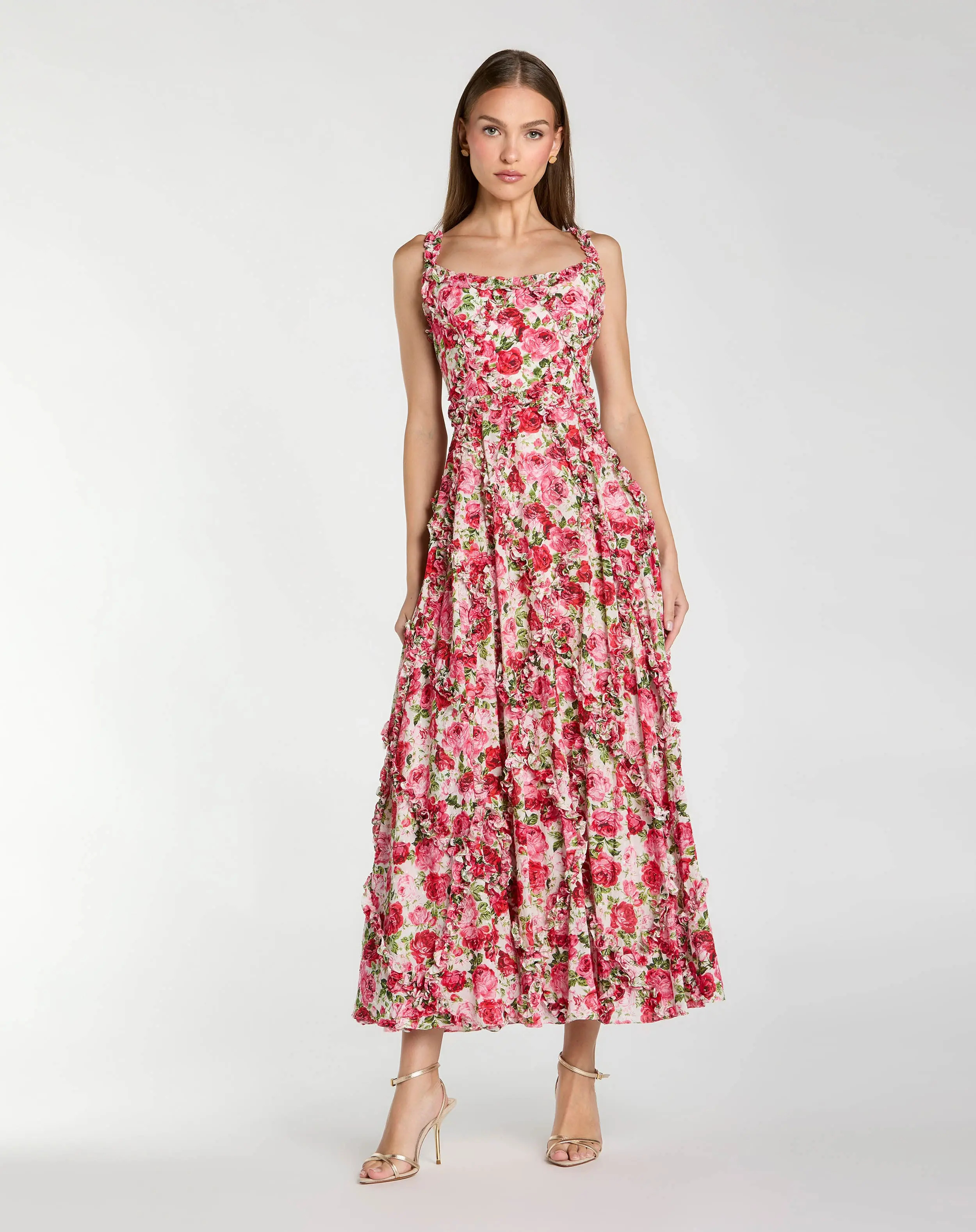 Petite Pink Ruffle Scoop Neck Floral A-Line Dress | Mac Duggal | Mac Duggal