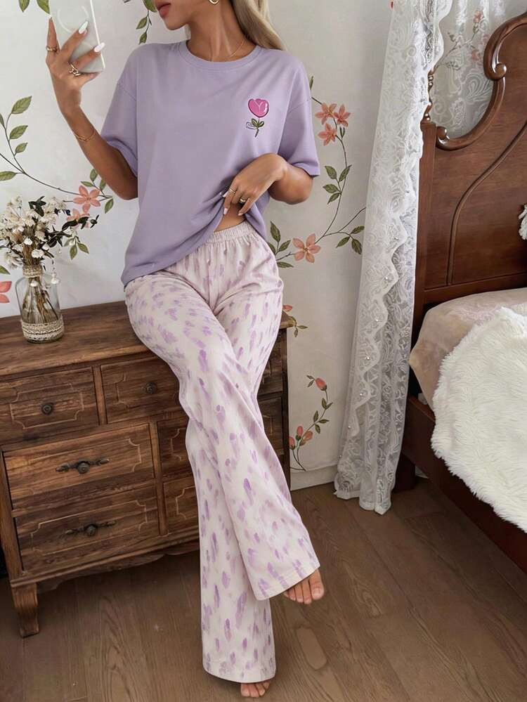 DAZY 2 Piezas Conjunto De Pijama De Mujer Con Estampado, Cómodo Y Holgado De Manga Corta | SHEIN