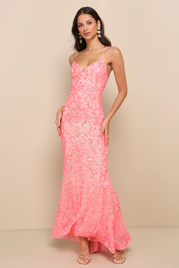 Limitless Glamour Coral Pink Sequin Lace-Up Maxi Dress | Lulus