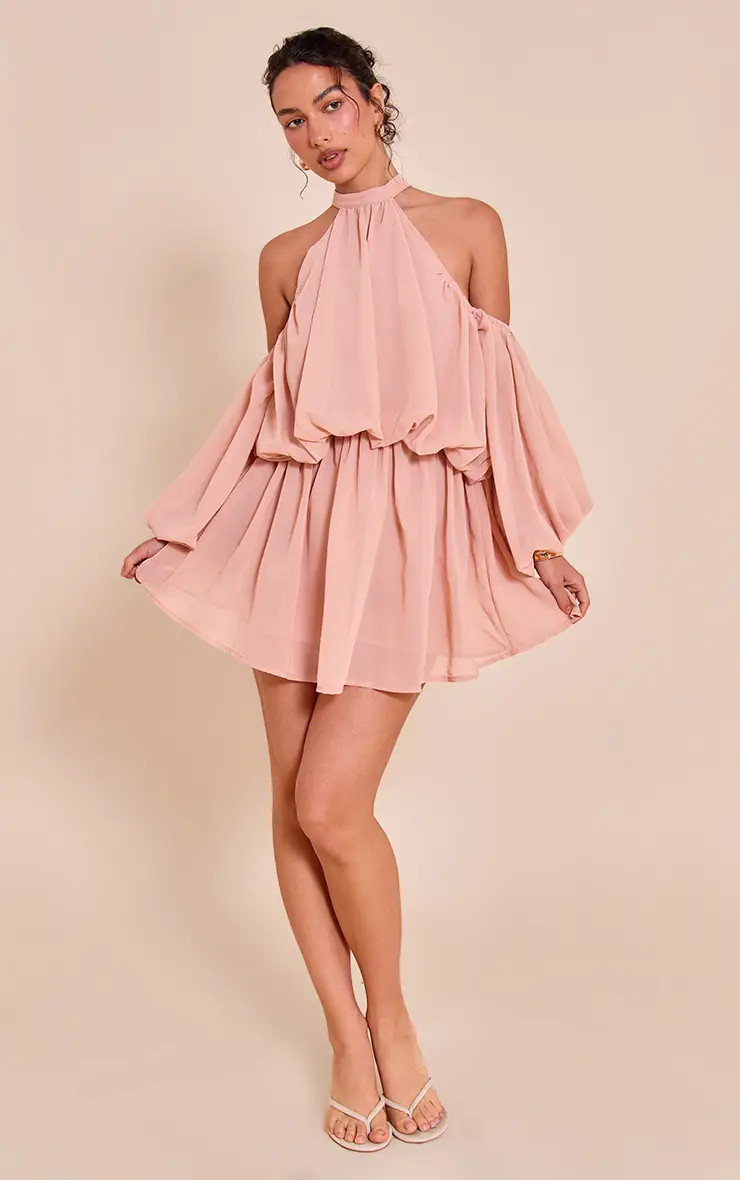 Pale Rose Chiffon Ruffle Off Shoulder Playsuit | PrettyLittleThing US
