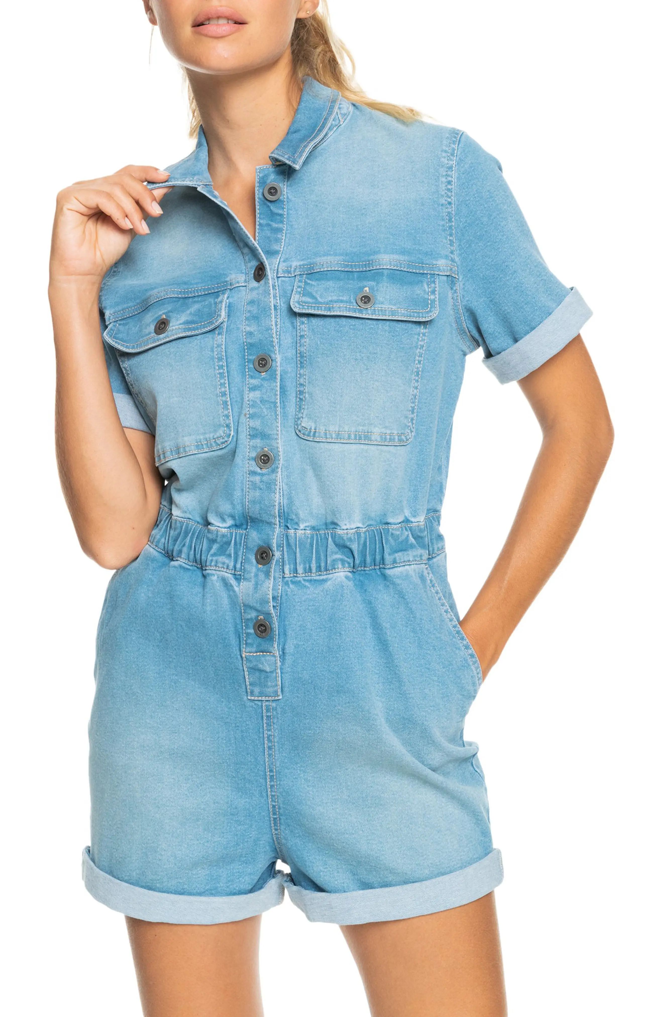 Roxy Left Behind Denim Romper, Size Medium in Medium Blue at Nordstrom | Nordstrom