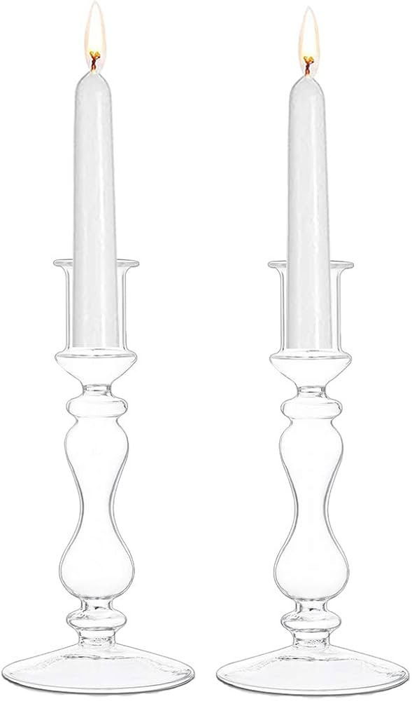 Glasseam Glass Candle Stick Holder, 2Pcs Clear Taper Candle Holders, Candlestick Holders for Tabl... | Amazon (US)