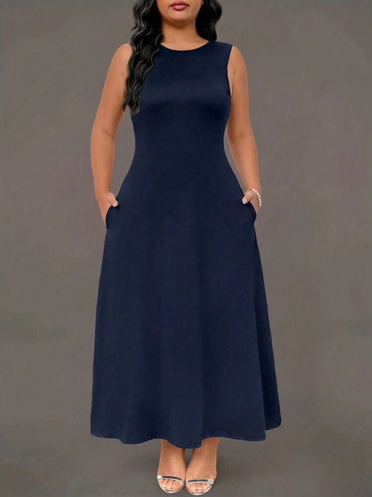 Celure Plus Size Women Knitted Crew Neck Sleeveless Pocket Casual Elegant Dress | SHEIN