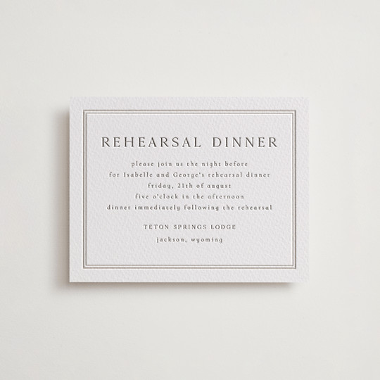 "Formal Serif" - Customizable Letterpress Rehearsal Dinner Cards in Gray by Nicole Walsh. | Minted