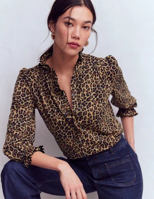 Emily Pom Trim Ruffle Shirt-Cheetah Spot | Boden (US)