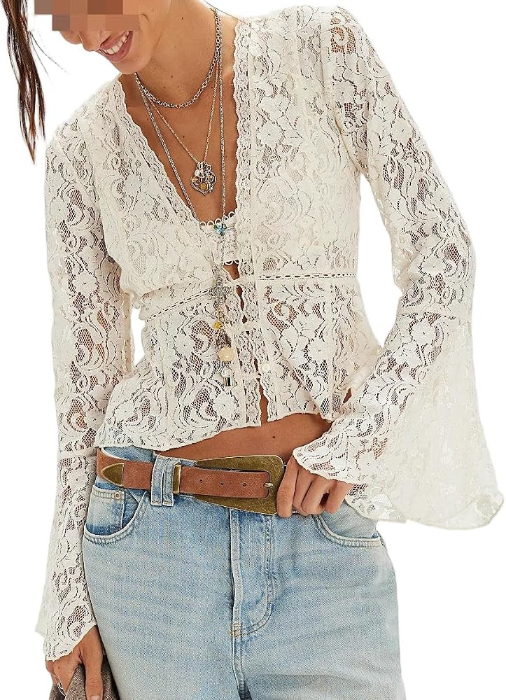 Women Lace See Through Blouse Boho Sheer Long Bell Sleeve Ruffle Poncho Tops Sexy Mesh Flowy Fril... | Amazon (US)