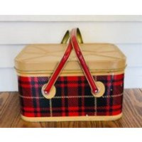 Vintage Tin Picnic Basket / Carrier, Red and Black Plaid, made by Nesco, Farmhouse Decor Vintage Kitchen Storage, Made in the USA | Etsy (US)