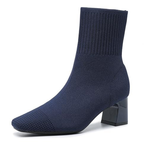 AHZEHRSE Women's Ankle Boots Booties Sock Boots for Women Chunky Heel Square Toe Booties Womens Fall Dress Shoes Knit Navy Blue Boots | Amazon (US)