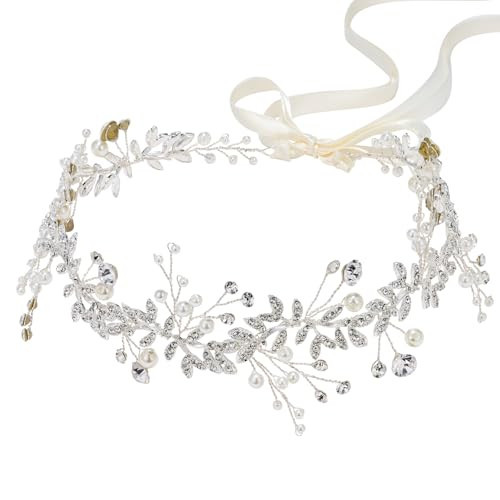 SWEETV Crystal Bridal Headpiece Silver Wedding Headband for Brides Pearl Hair Vine Rhinestone Hair Accessories for Women | Amazon (US)