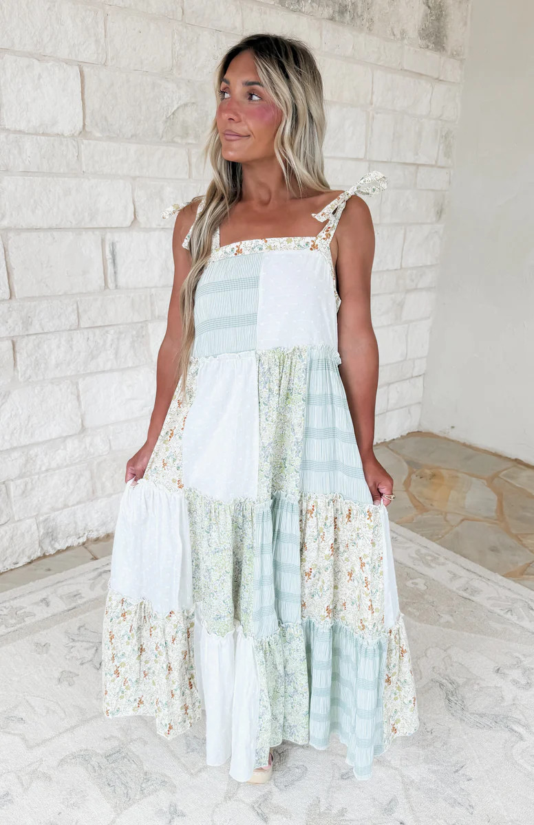 Plans in the Sunshine Patchwork Tie Shoulder Tiered Maxi | CK Squared Boutique
