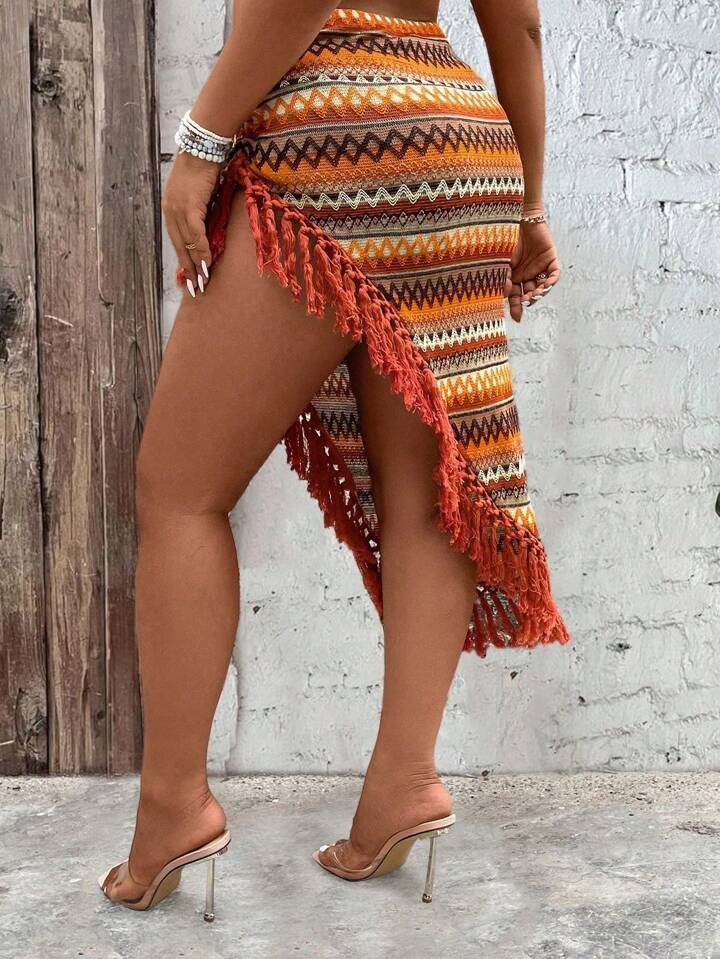 SHEIN VCAY Plus Size Contrast Color Embroidery Fringe Trimmed Midi Skirt | SHEIN
