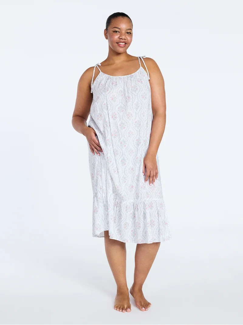 Joyspun Women's Woven Midi Sleep Gown with Shoulder Tie, Sizes XS to 3X | Walmart (US)