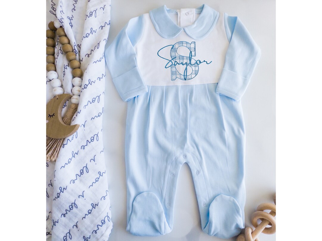 Personalized Baby Shower Gift Monogrammed Embroidered Infant Footie Baby Boy Blue and White Rompe... | Etsy (US)