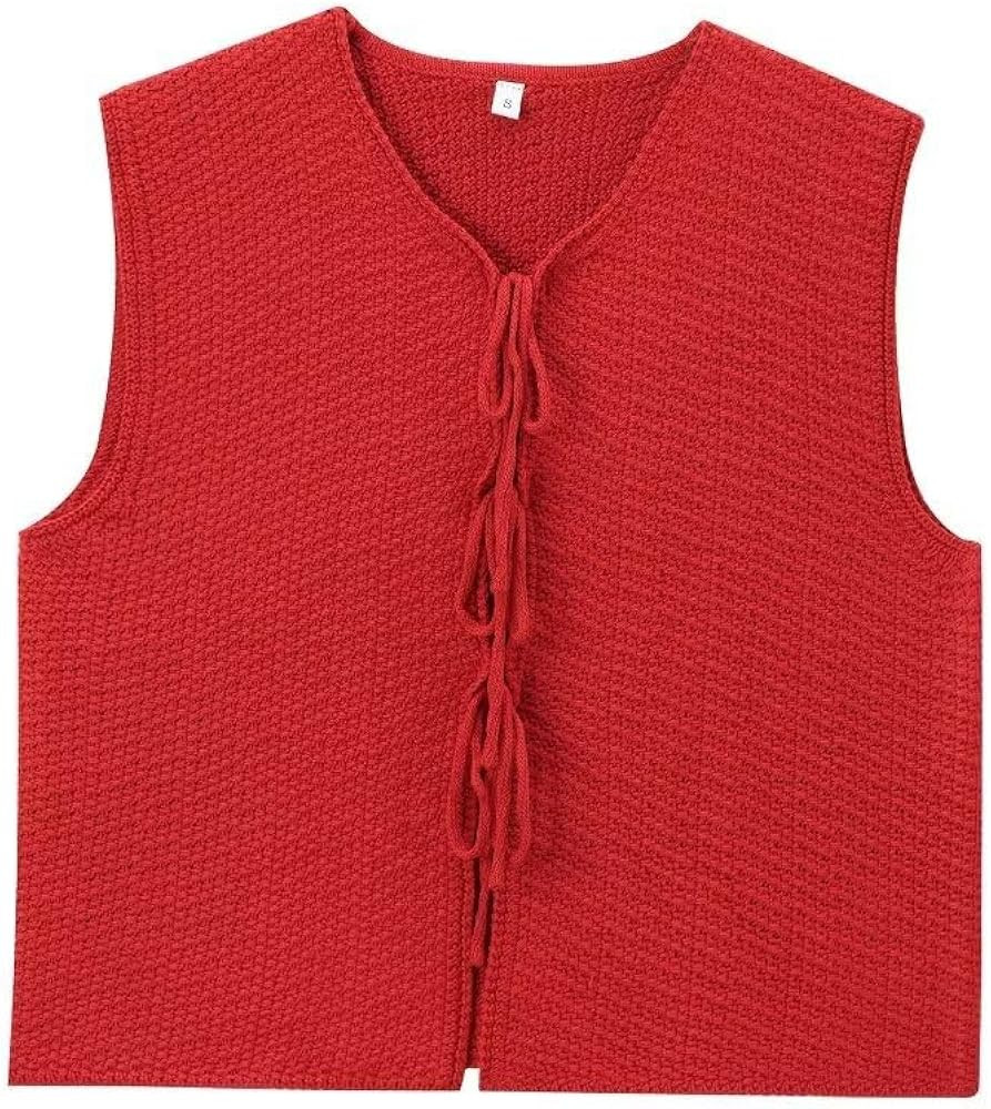 Women's Trendy Tie Front Vest Top Casual Crochet Sweater Vest Sleeveless Crew Neck Open Front Kni... | Amazon (US)