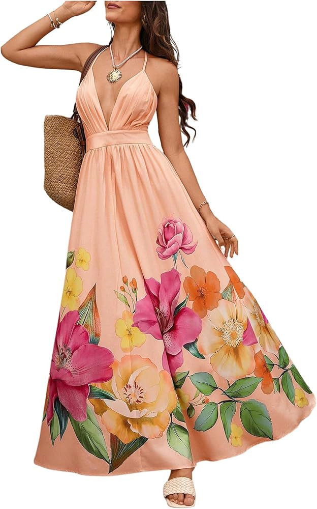 OYOANGLE Women's Floral Sleeveless Boho Maxi Dress Deep V Neck Criss Cross Backless Beach Vacatio... | Amazon (US)