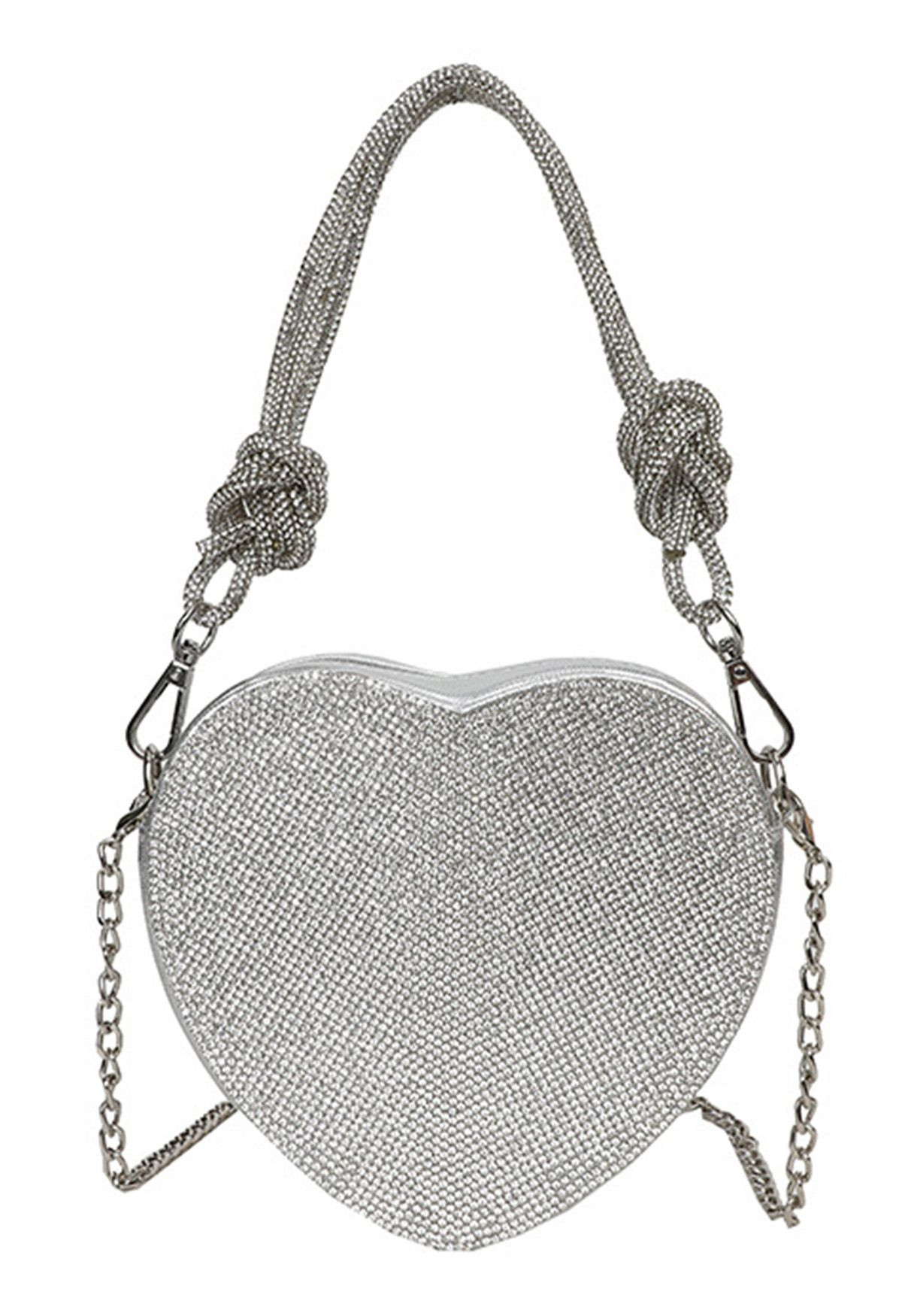 Knotted Full Rhinestone Heart Clutch | Chicwish