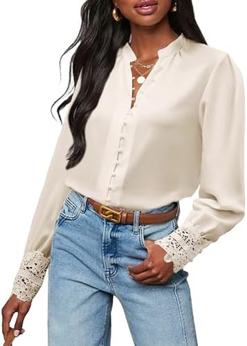 Neweek Womens Button Down Shirts Lace Cuff Long Sleeve Chiffon Dressy Tops Band Collar Fall Busin... | Amazon (US)